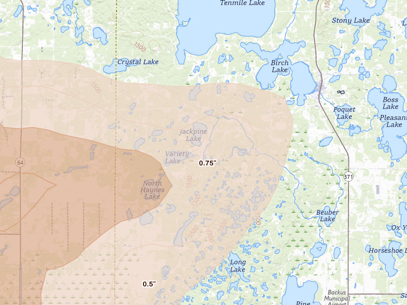 Radar-estimated hail-size map of the storm over Hackensack, MN on Aug 6, 2026
