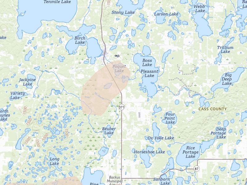 Radar-estimated hail-size map of the storm over Hackensack, MN on Aug 7, 2026