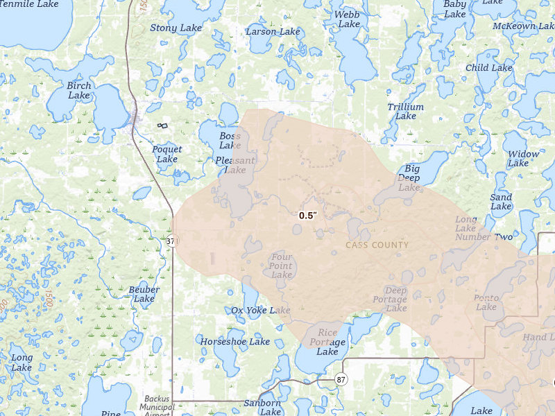 Radar-estimated hail-size map of the storm over Hackensack, MN on Aug 20, 2026