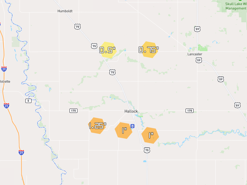 Hail map of Hallock, MN on Jul 24, 2026, hail up to 1.25"
