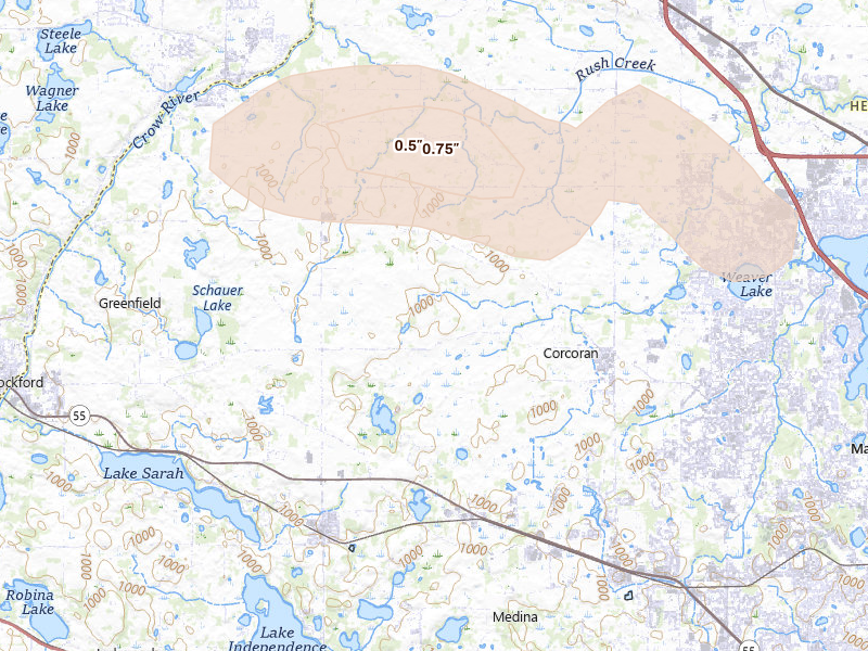Radar-estimated hail-size map of the storm over Hamel, MN on Jun 19, 2026