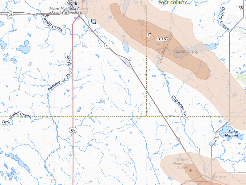 Radar-estimated hail-size map of the storm over Hancock, MN on Jun 5, 2026