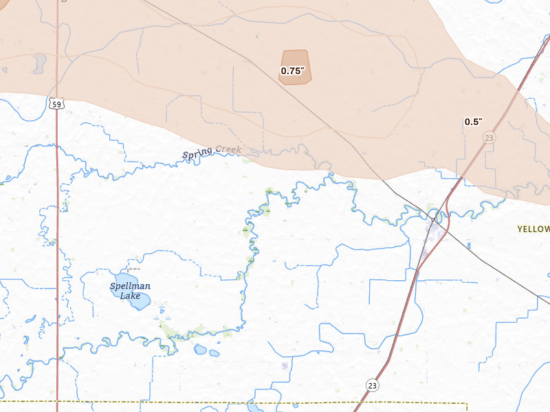 Radar-estimated hail-size map of the storm over Hanley Falls, MN on Jun 5, 2026