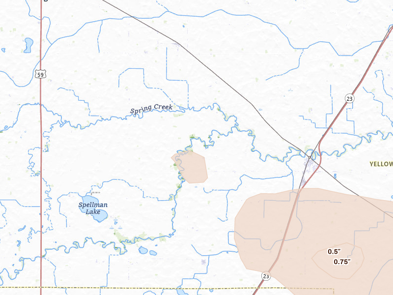 Radar-estimated hail-size map of the storm over Hanley Falls, MN on Jun 15, 2026