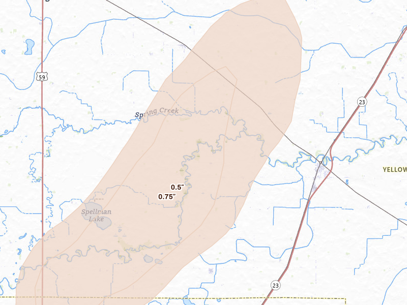 Radar-estimated hail-size map of the storm over Hanley Falls, MN on Jun 29, 2026