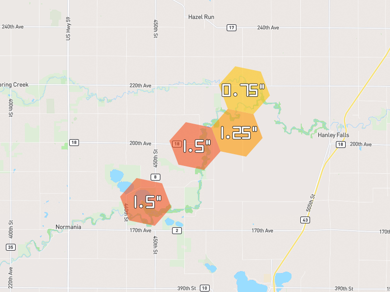 Hail map of Hanley Falls, MN on Jun 30, 2026, hail up to 1.5"