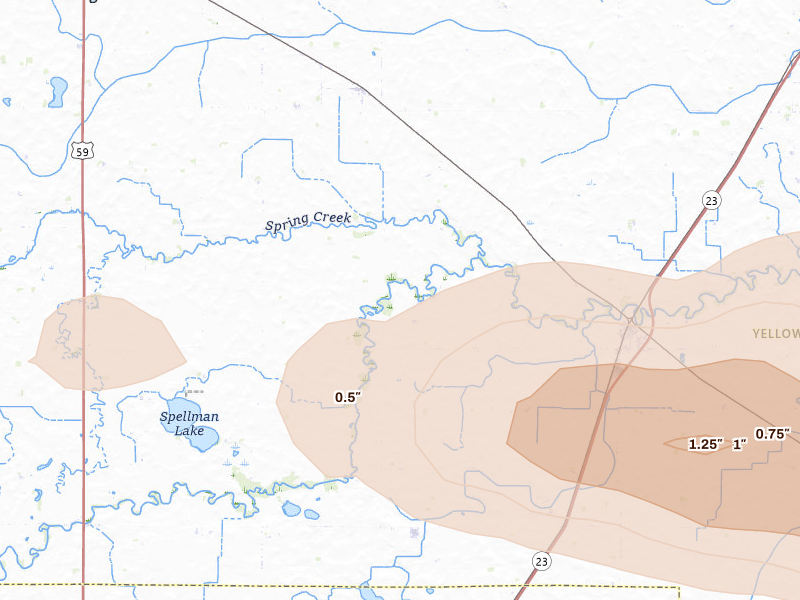 Radar-estimated hail-size map of the storm over Hanley Falls, MN on Jul 7, 2026