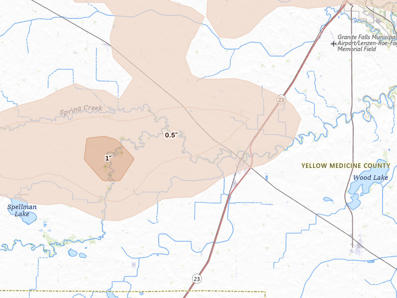 Radar-estimated hail-size map of the storm over Hanley Falls, MN on Aug 7, 2026