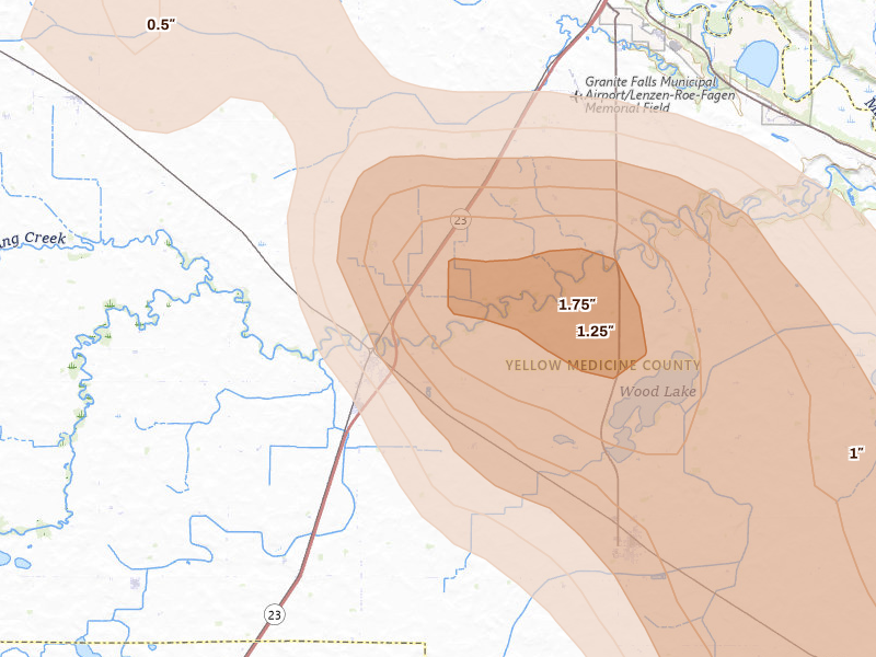 Radar-estimated hail-size map of the storm over Hanley Falls, MN on Aug 20, 2026
