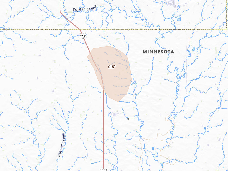 Radar-estimated hail-size map of the storm over Hardwick, MN on Jul 25, 2026