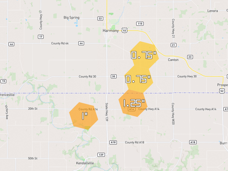 Hail map of Harmony, MN on Jul 1, 2026, hail up to 1.25"