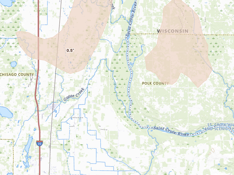 Radar-estimated hail-size map of the storm over Harris, MN on Jun 9, 2026