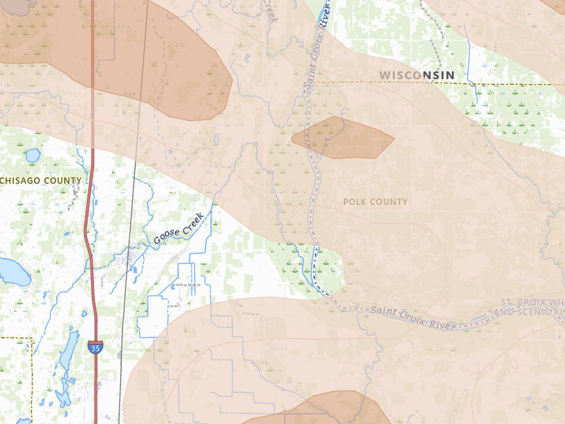 Radar-estimated hail-size map of the storm over Harris, MN on Jun 19, 2026