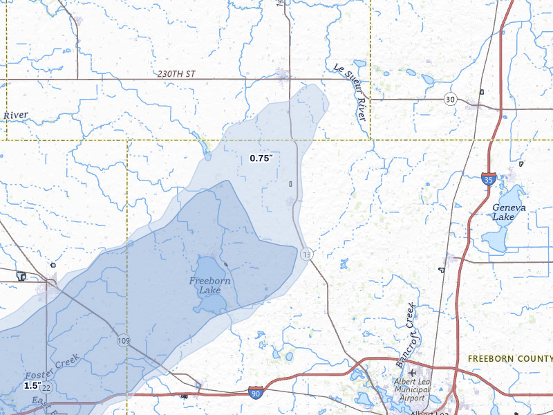 NEXRAD radar-signature map of the hail over Hartland, MN
