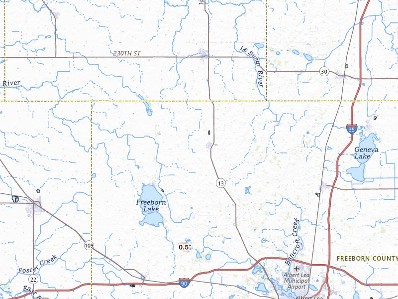 Radar-estimated hail-size map of the storm over Hartland, MN on Apr 23, 2026