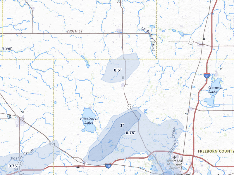 NEXRAD radar-signature map of the hail over Hartland, MN