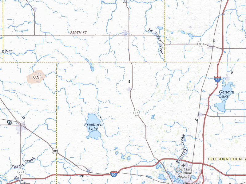 Radar-estimated hail-size map of the storm over Hartland, MN on Jun 28, 2026