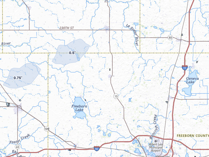 NEXRAD radar-signature map of the hail storm over Hartland, MN on Jun 28, 2026