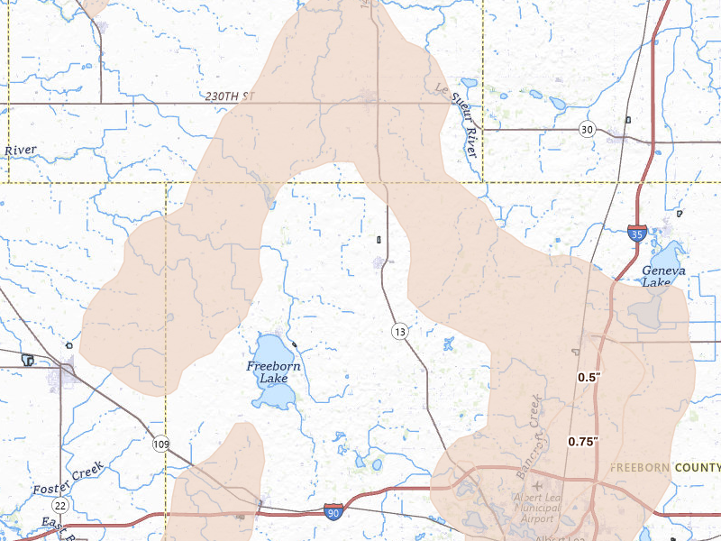 Radar-estimated hail-size map of the storm over Hartland, MN on Jun 30, 2026