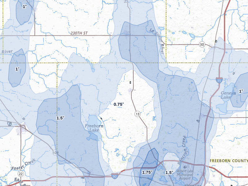 NEXRAD radar-signature map of the hail storm over Hartland, MN on Jun 30, 2026
