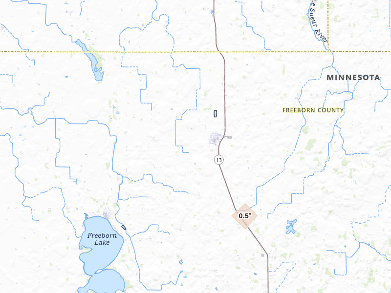 Radar-estimated hail-size map of the storm over Hartland, MN on Aug 25, 2026