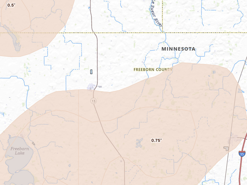 Radar-estimated hail-size map of the storm over Hartland, MN on Sep 1, 2026
