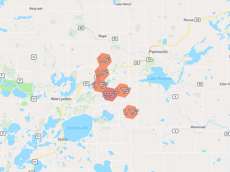 Hail map of Hawick, MN on Jul 4, 2026, hail up to 2.5"