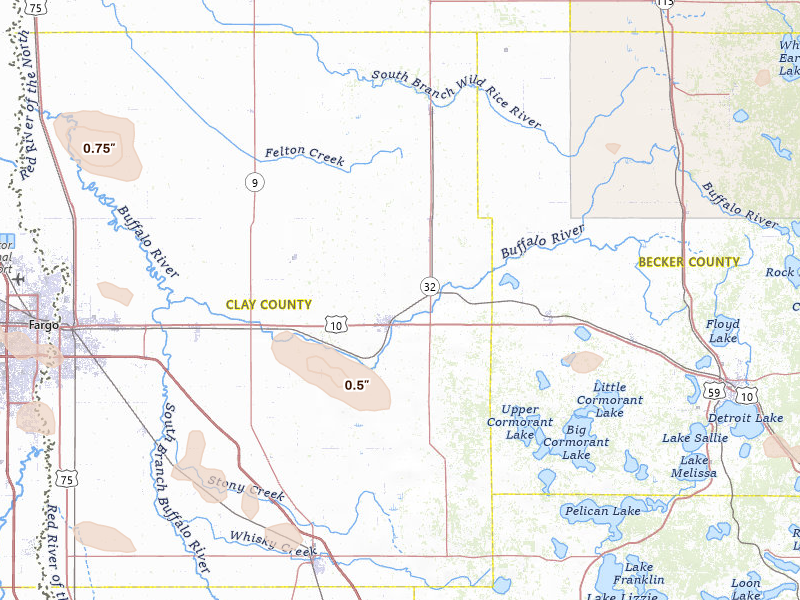 Radar-estimated hail-size map of the storm over Hawley, MN on Jun 19, 2026