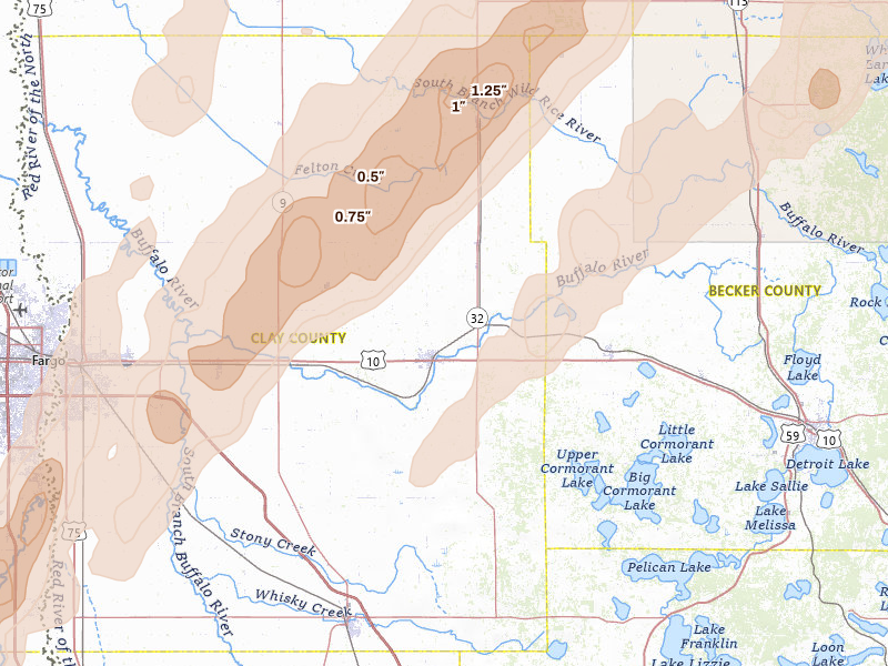 Radar-estimated hail-size map of the storm over Hawley, MN on Jun 29, 2026