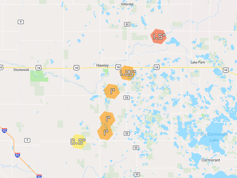 Hail map of Hawley, MN on Jun 30, 2026, hail up to 1.5"