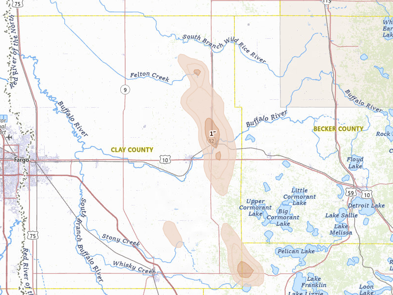 Radar-estimated hail-size map of the storm over Hawley, MN on Jul 4, 2026