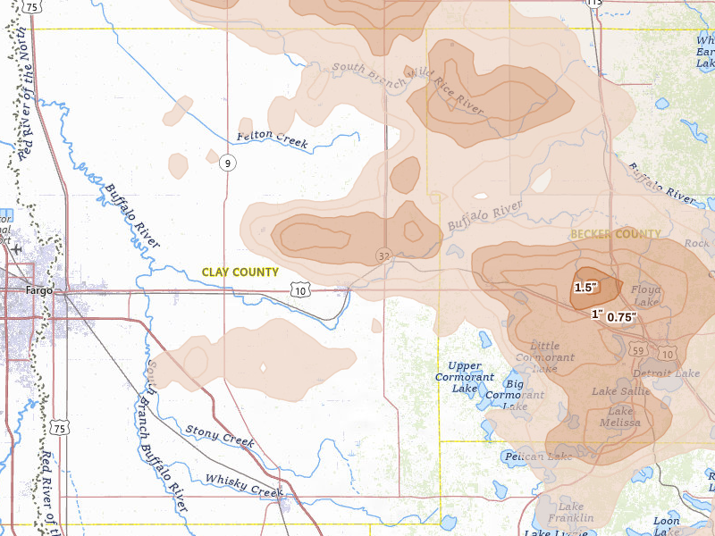 Radar-estimated hail-size map of the storm over Hawley, MN on Jul 6, 2026
