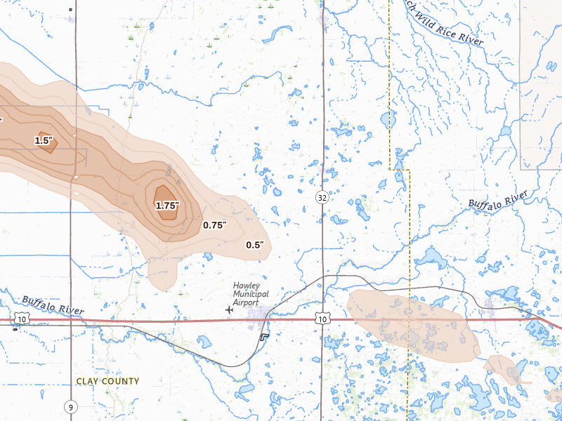Radar-estimated hail-size map of the storm over Hawley, MN on Aug 17, 2026