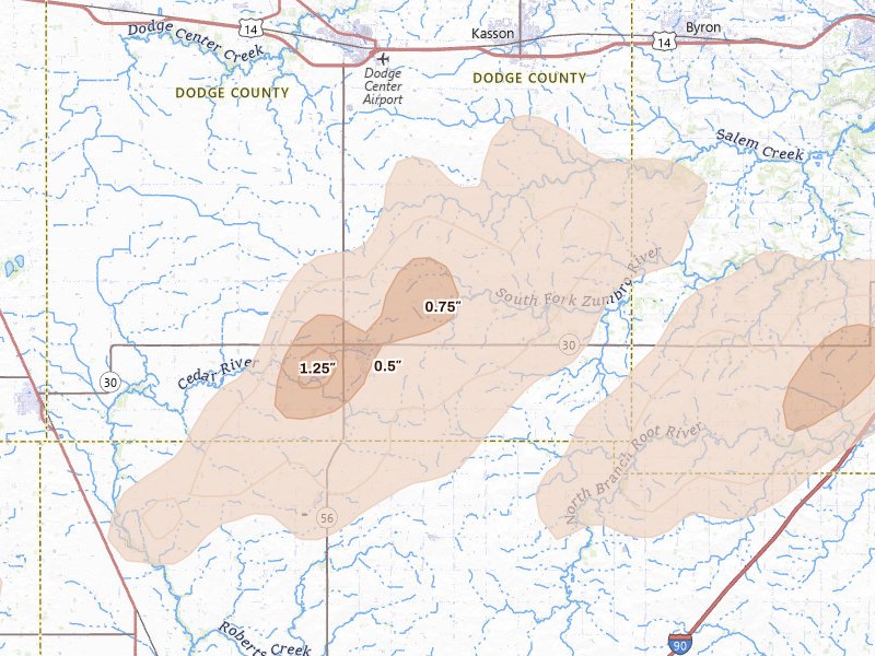 Radar-estimated hail-size map of the storm over Hayfield, MN on Apr 17, 2026