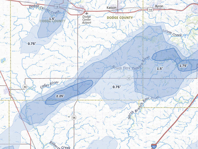 NEXRAD radar-signature map of the hail over Hayfield, MN