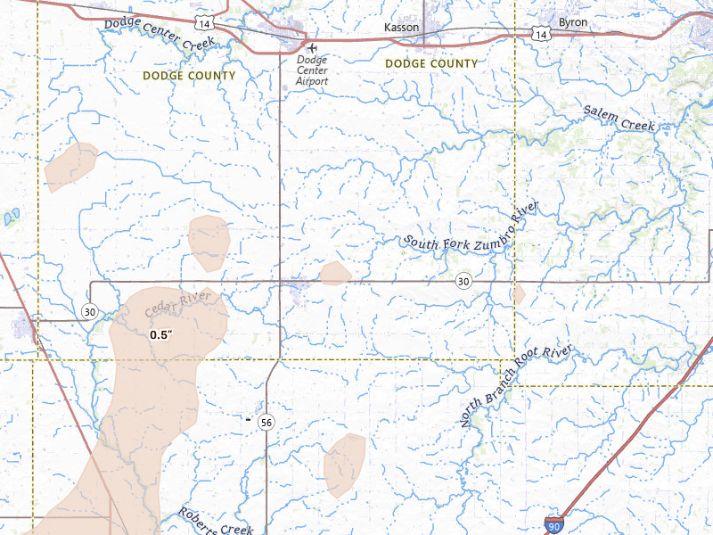 Radar-estimated hail-size map of the storm over Hayfield, MN on Jun 30, 2026