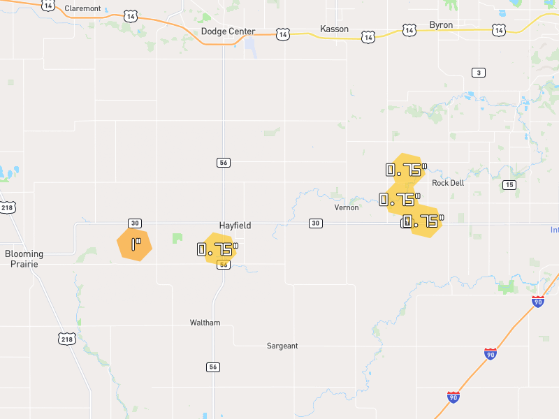 Hail map of Hayfield, MN on Jul 1, 2026, hail up to 1"