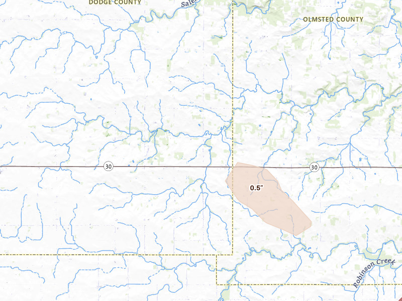 Radar-estimated hail-size map of the storm over Hayfield, MN on Aug 18, 2026