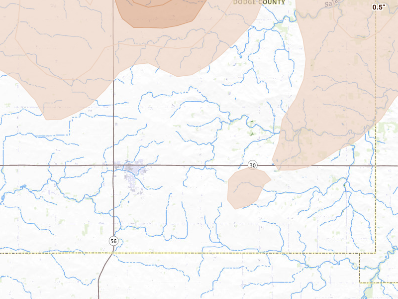 Radar-estimated hail-size map of the storm over Hayfield, MN on Sep 1, 2026