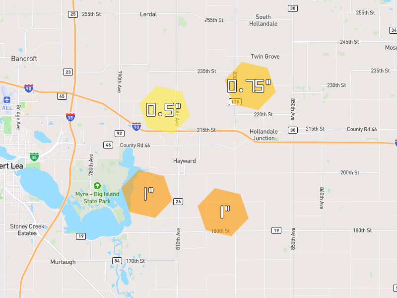 Hail map of Hayward, MN on Jul 8, 2026, hail up to 1"
