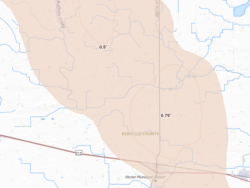 Radar-estimated hail-size map of the storm over Hector, MN on May 24, 2026