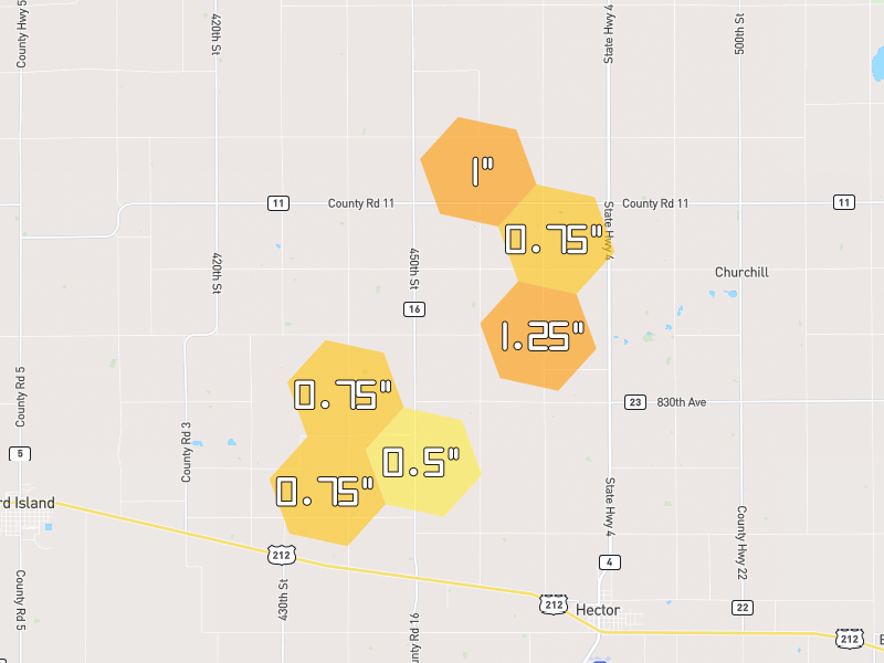 Hail map of Hector, MN on Jul 4, 2026, hail up to 1.25"