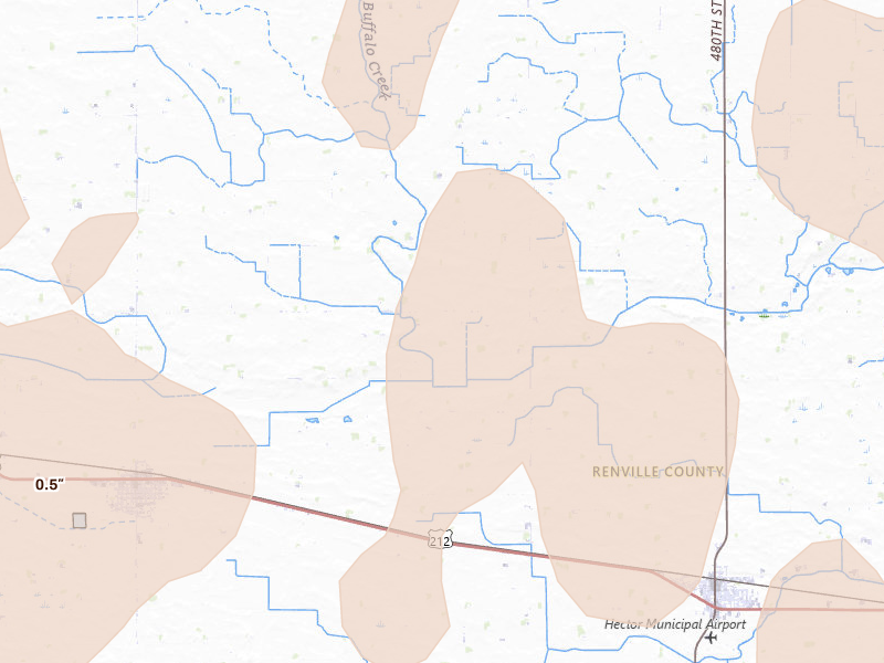 Radar-estimated hail-size map of the storm over Hector, MN on Aug 7, 2026