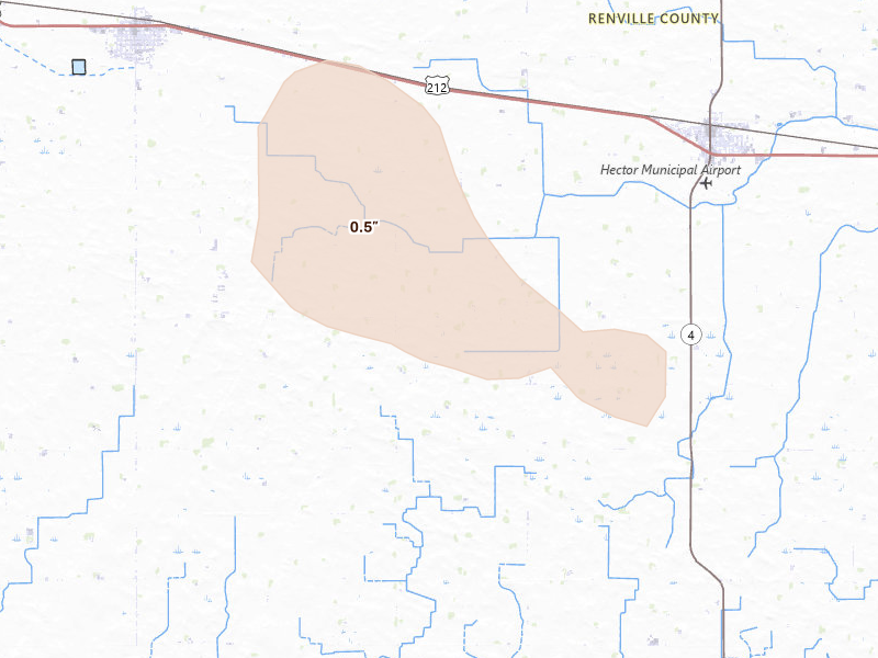 Radar-estimated hail-size map of the storm over Hector, MN on Aug 17, 2026