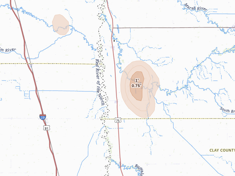 Radar-estimated hail-size map of the storm over Hendrum, MN on May 26, 2026