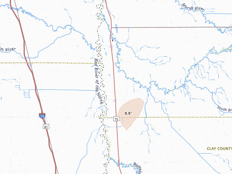 Radar-estimated hail-size map of the storm over Hendrum, MN on Jul 30, 2026