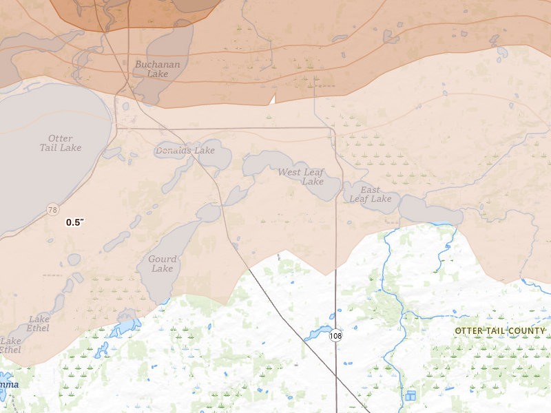 Radar-estimated hail-size map of the storm over Henning, MN on Jun 29, 2026