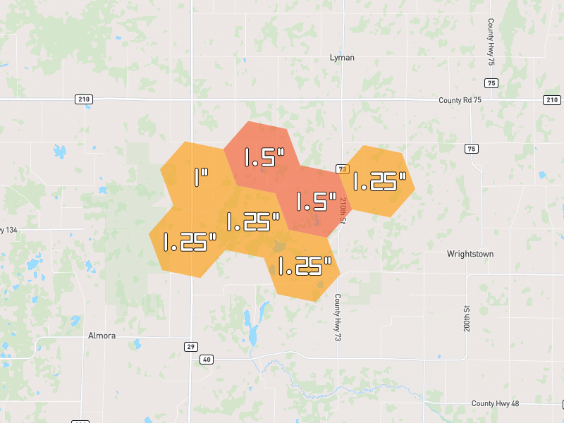 Hail map of Henning, MN on Jul 4, 2026, hail up to 1.5"