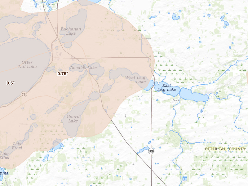 Radar-estimated hail-size map of the storm over Henning, MN on Jul 6, 2026