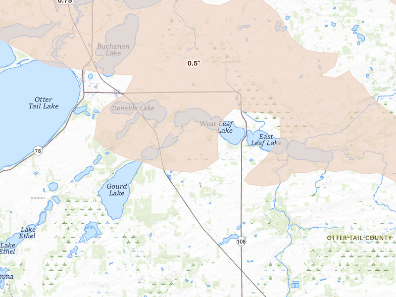 Radar-estimated hail-size map of the storm over Henning, MN on Aug 17, 2026